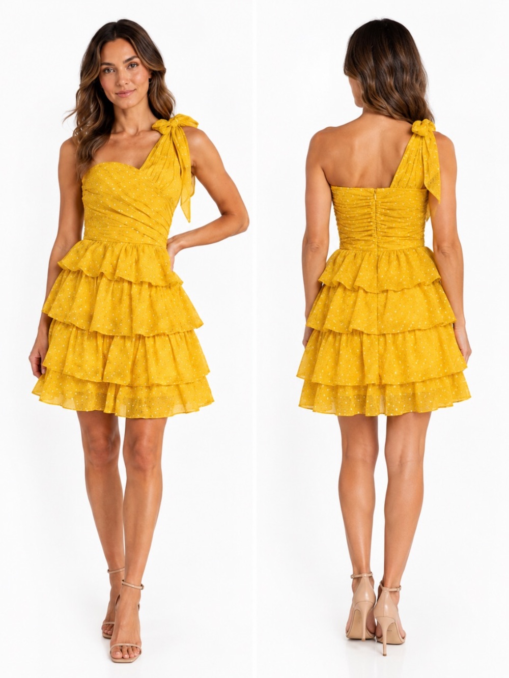ORANGE Yellow One-Shoulder Ruffle Dress Size: Small